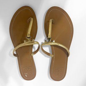 Tory Burch T Logo Flat Thong Gold Leather Sandal Size 9